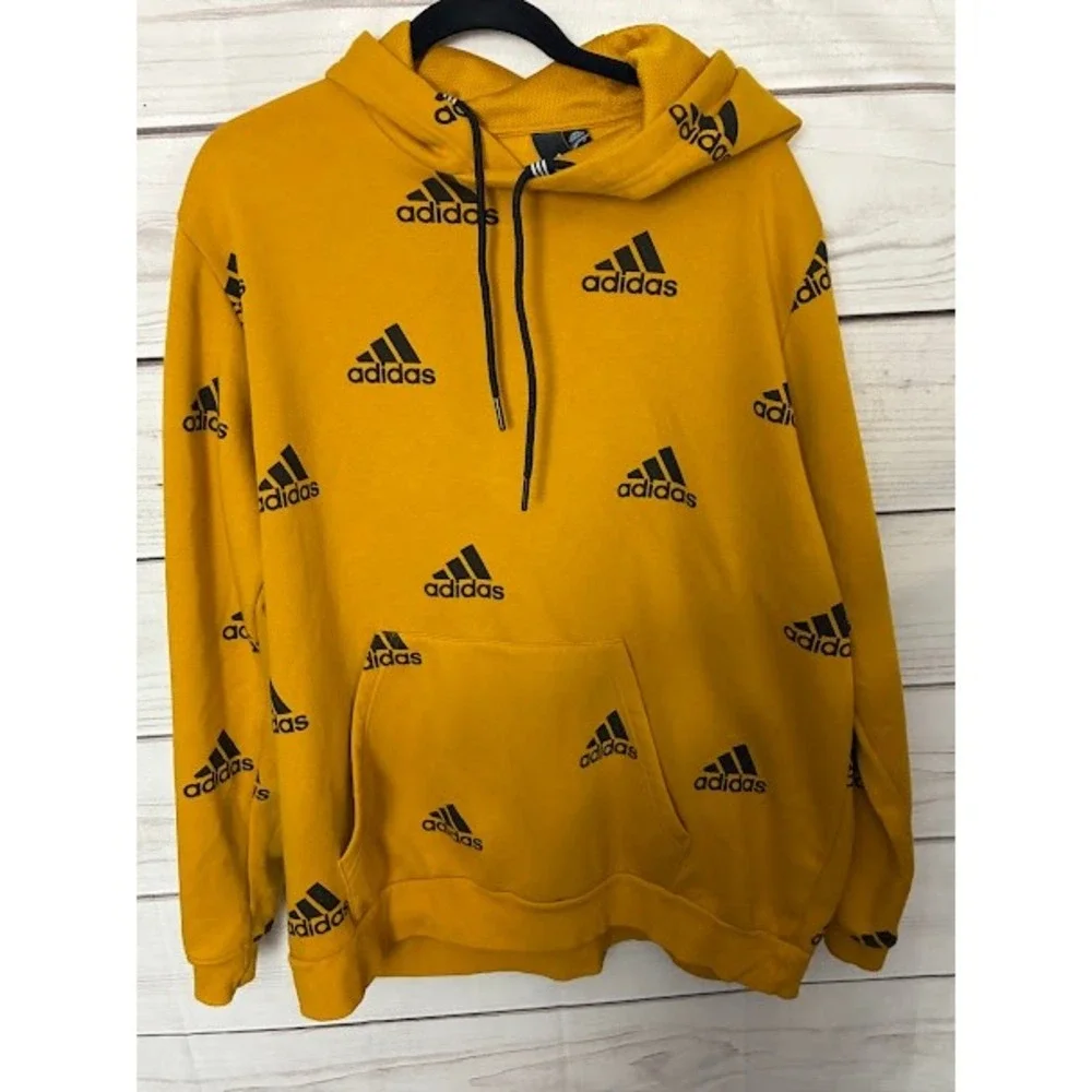 Adidas Mens Mustard Yellow All Over Logo Print Pullover Hoodie Sweatshirt L